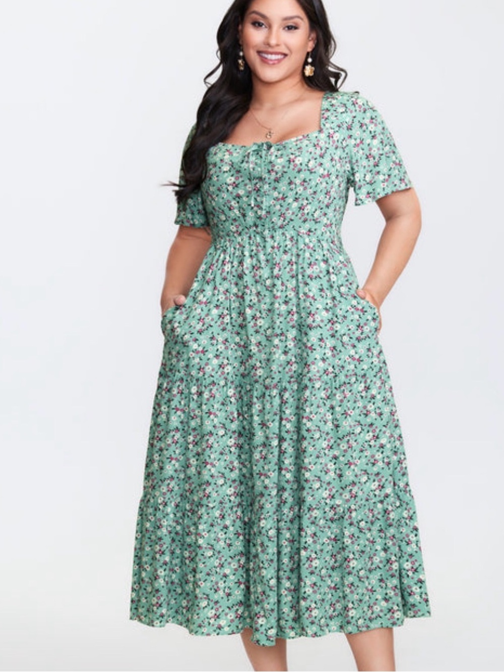 BloomChic Teal Green Floral Midi Dress with Drawstring